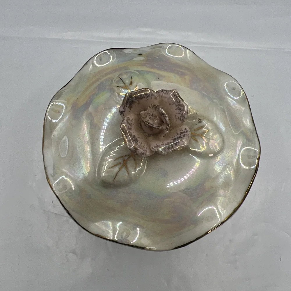 Vintage Iridescent Porcelain Trinket Box Applied Rose Lusterware Jewelry Dish